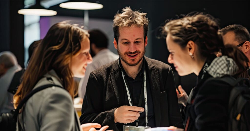 Attendees Networking at Conference Event communities forming through attendee conversations at a professional summit