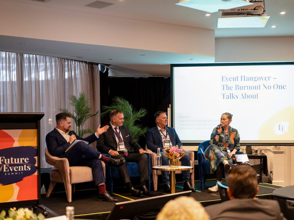 Event Hangover Panel at the Future of Events Summit Panellists discussing burnout and sustainable ways of working at the Future of Events Summit.